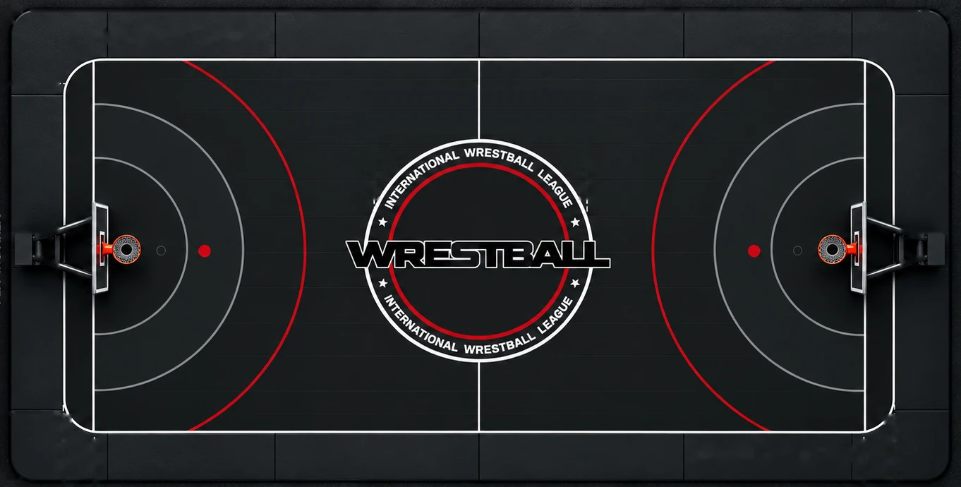 Top view of the Wrestball court: black mat, white lines, red scoring arcs